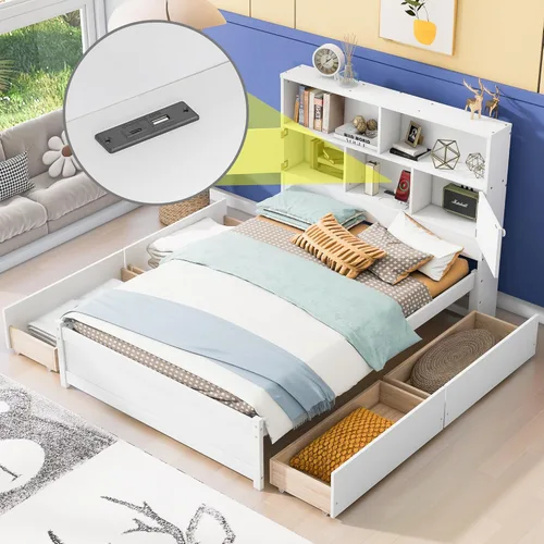 Vista 22 de RUNNA Elegante cama de plataforma de tamaño Queen con estantes extraíbles, cama de almacenamiento de madera con nido de tamaño individual