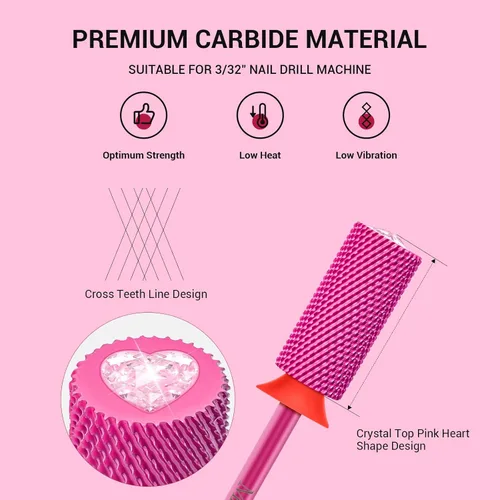 Vista 2 de MelodySusie Broca de carburo de tungsteno de barril grande de 3/32 pulgadas, forma de corazón rosa con parte superior de cristal, gel acrílico