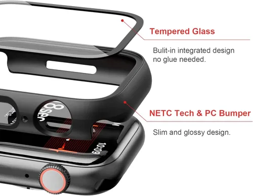 Vista 2 de JZK - 2 fundas con protector de pantalla de vidrio templado para Apple Watch Series 3/2/1 de 38 mm, ultradelgadas, de cobertura completa, Negro/Negro