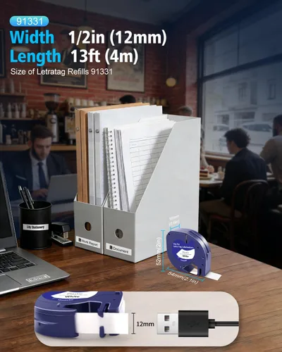 Vista 6 de 5 cintas de plástico 91331 de repuesto para Dymo Letratag de repuesto de 0.472 in x 13.1 ft (1/2 x 13) para DYMO LetraTag 200B LT-100H LT-100T Plus