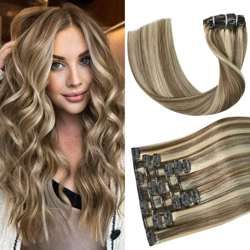 Vista 21 de Aison Extensiones de cabello con clip balayage de cabello humano real, extensiones de cabello ombre 100% de cabello humano para mujer, 12 pulgadas