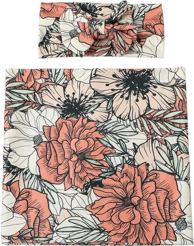 Vista 6 de Galabloomer - Conjunto de cobija para recién nacido con diadema, diseño de flores para envolver bebé, color almendra