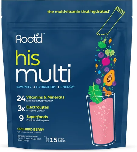 Vista 9 de Root'd Multivitamínico en polvo para hombres – 24 vitaminas y minerales con 3 electrolitos, 9 superalimentos orgánicos, probióticos y enzimas