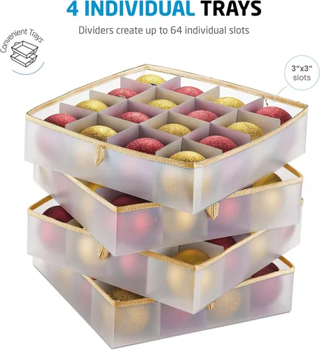 Vista 3 de ZOBER Caja de almacenamiento de plástico para adornos de Navidad, almacena 64 adornos de 3 pulgadas con bandejas individuales, caja