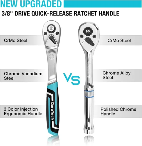 Vista 3 de DURATECH Trinquete de accionamiento de 3/8 pulgadas, llave de trinquete de liberación rápida de 90 dientes con mango de inyección acolchado, llave