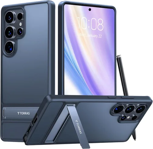 TORRAS Funda para Samsung Galaxy S25 Ultra, [protección contra caídas de grado militar de 12 pies] [Soporte delgado integrado] Funda mate a prueba