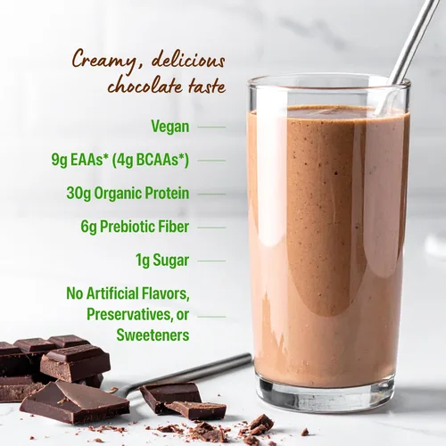 Vista 4 de Orgain - Polvo de proteína vegano orgánico de 30g, chocolate con 9g de EAA + BCAA, proteína vegetal, 6g de prebiótico + fibra, 1g de azúcar
