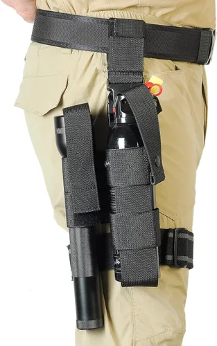 Vista 6 de Funda para pierna con spray de pimienta MK9 y soporte para linterna, funda ajustable para muslo con soporte para botella de agua y spray de pimienta