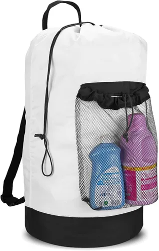 Vista 16 de Dalykate Mochila para lavandería, mochila con correas para el hombro y bolsillo de malla, bolsa de nailon duradero con cierre de cordón