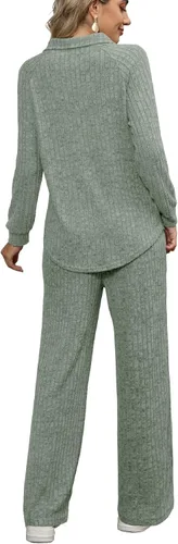 Vista 4 de WIHOLL Conjunto de 2 piezas para mujer, ropa de descanso, pantalones de pierna ancha, cuello en V, conjunto de pijama a juego