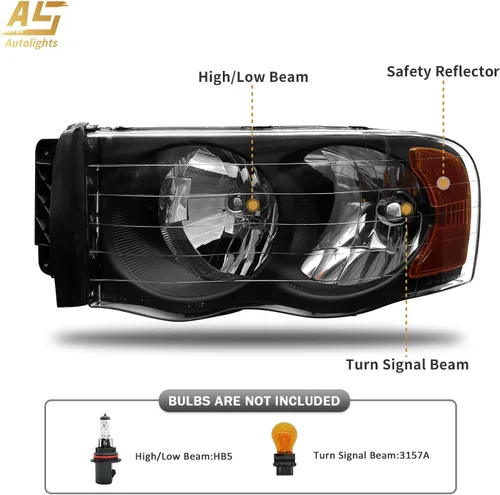 Vista 3 de Repuesto de conjunto de faros AS para Dodge Ram 1500 2002-2005/Ram 2500 3500 2003-2005 con carcasa negra, reflector ámbar, lentes transparentes