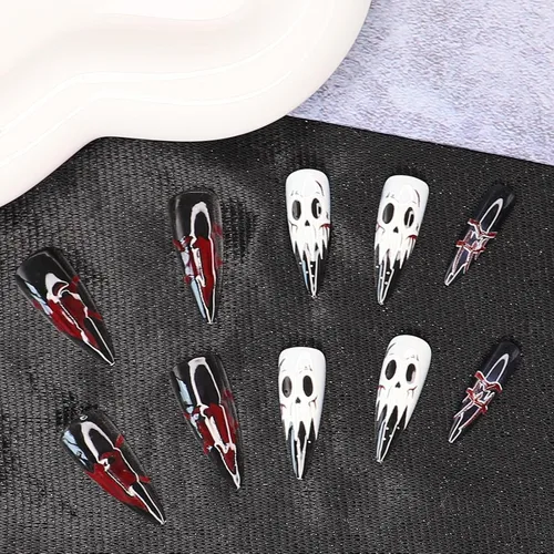 Vista 3 de Paquete de 6 144 uñas acrílicas de Halloween a presión, uñas postizas reutilizables de cobertura completa, uñas postizas adhesivas con pegamento