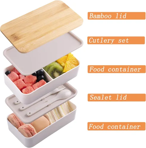 Vista 2 de Lonchera japonesa de bambú Bento con compartimentos y utensilios, apilable, incluye bolsa de almuerzo para preparación de comidas, color beige