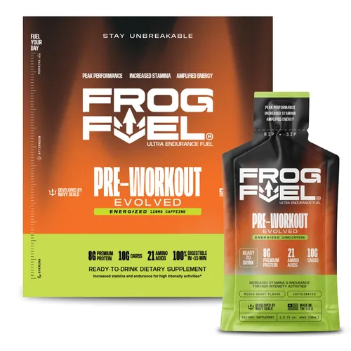 Frog Fuel Ultra Energy Gel & Energized Pre Workout Shot con 120 mg de cafeína, 1500 mg de beta alanina, electrolitos 0.28 oz de proteína de colágeno