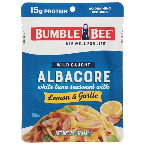 Bumble Bee Lemon & Garlic Seasoned White Albacore Tuna in Water, 2.5 oz Pouch - Wild Caught Tuna - 15g Protein per Serving, High in Omega-3s -