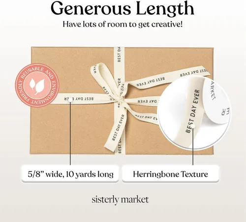 Vista 3 de Cinta de algodón en espiga personalizada, cinta de regalo natural de 5/8 pulgadas con frase impresa Best Day, 10 yardas