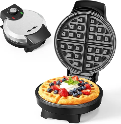 Máquina para hacer gofres belga redonda de 7 pulgadas, control de tostado ajustable, placas antiadherentes fáciles de limpiar y mango de tacto