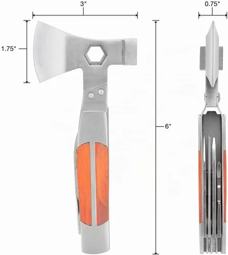Vista 2 de Sheffield 12301 Camper - Herramienta múltiple de cabeza de hacha 12 en 1, hacha, martillo, destornilladores, escalador de pescado, llave hexagonal