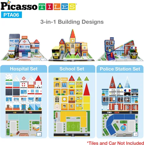 Vista 3 de PicassoTiles 80 piezas Escuela, Hospital, Estación de Policía 3-en-1 Tema Imán Respaldo Autoadhesivo Stick-On Kit Gráfico de Rompecabezas y Mapas