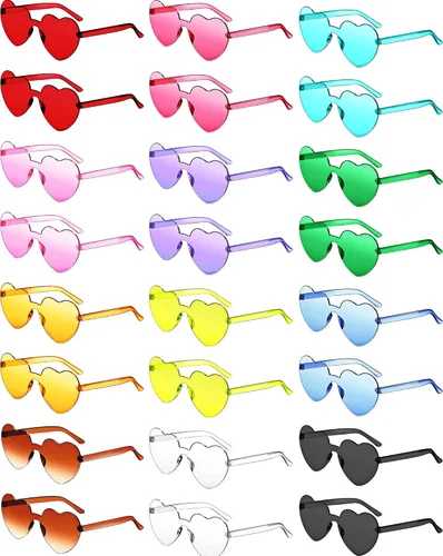 Colzzy 24 Pairs Heart Shaped Rimless Sunglasses Transparent Candy Color Frameless Glasses Tinted Eyewear for Party Cosplay