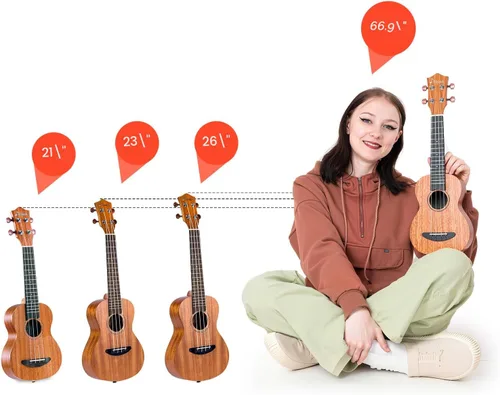 Vista 6 de Donner Kit de ukelele para concierto, de madera de caoba y 23 pulgadas, principiante, con clase en línea gratuita, bolsa de actuación, correa
