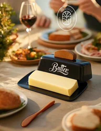 Vista 7 de Mantequillera negra con tapa y cuchillo, bandeja de mantequilla negra, soporte de mantequilla de cerámica para mostrador humanizado con mango