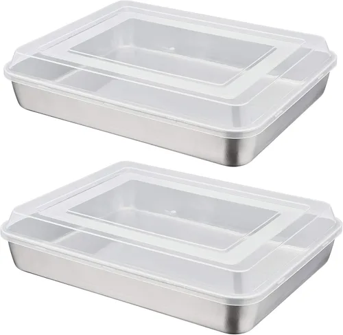 Vista 8 de P&P CHEF - Molde de acero inoxidable con tapa, moldes rectangulares para pastel, bandeja de hornear para lasaña y brownies, 2 pulgadas