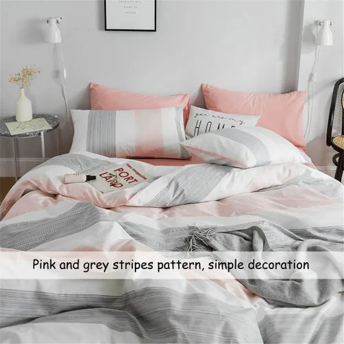 Vista 5 de DREAMINGO - Juego de ropa de cama a rayas de FenDie, color melocotón, blanco y gris, juego de 2 fundas de almohada, funda de edredón de algodón
