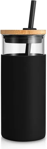 Vista 35 de Tronco Vaso de vidrio de 20 onzas con tapa y popote, taza de café helado y vaso para batido con tapas de bambú y funda protectora de silicona, apto