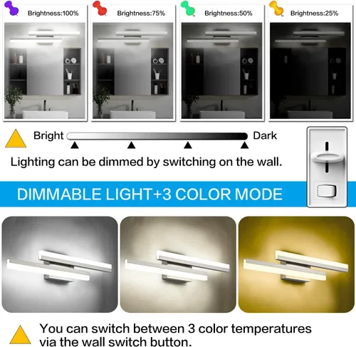 Vista 5 de PRESDE Lámpara LED de tocador de 24 pulgadas de níquel cepillado para baño, accesorios de luz sobre espejo, barra de iluminación moderna de pared