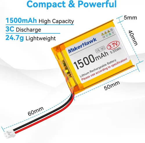 Vista 6 de Batería Lipo de 3.7 V 1500 mAh 604050 Batería recargable de polímero de litio con conector micro JST 1.25 Circuito de protección integrado