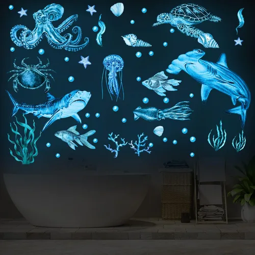 Vista 5 de Sabary 4 calcomanías de pared que brillan en la oscuridad del océano bajo el mar, calcomanías de pared de peces, calcomanías de PVC de animales
