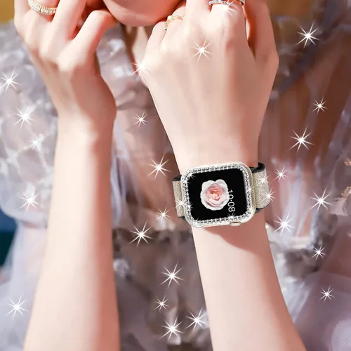 Vista 6 de 2 Pack Bling Stretchy Watch Bands Compatible with Apple Watch Band 40mm 41mm 44mm 45mm iWatch Series 11 10 9 8 7 6 5 4 SE, Adjustable Nylon