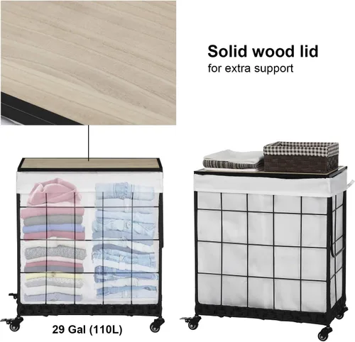 Vista 4 de Cesta de lavandería duradera con bolsa interior extraíble, ruedas resistentes, tapa de madera y asa de metal - Clasificador de ropa y canasta