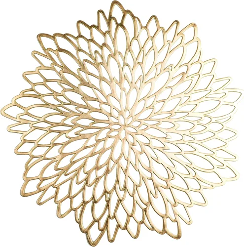 Snowkingdom - Juego de 4 manteles individuales dorados metálicos de vinilo prensado para mesa de comedor, redondos, con diseño floral, adorno para
