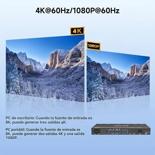 Vista 6 de Interruptor KVM USB C DP, 2 computadoras, 3 monitores, interruptor KVM MST 4K/1080P a 60Hz para 1 PC y 1 computadora portátil Share 3 monitores