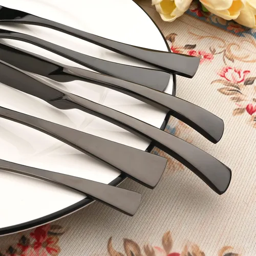 Vista 6 de Juego de cubiertos de acero inoxidable 304 de 20 piezas con cuchara de cuchillo para carne, color negro espejo, servicio para 4