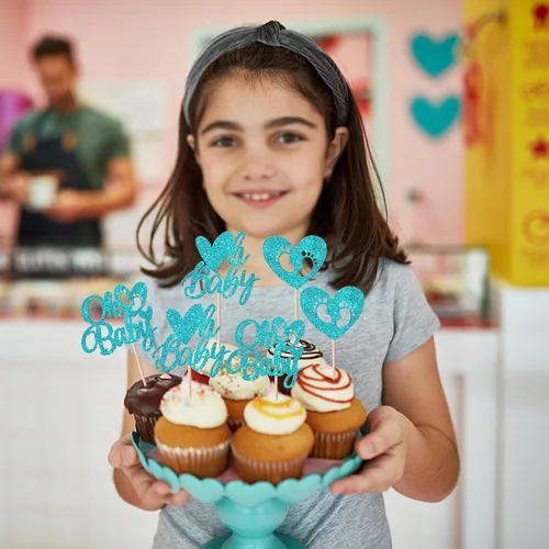 Vista 4 de Paquete de 24 adornos para cupcakes para el día de San Valentín con purpurina de corazón dulce para pies de bebé, decoración de cupcakes para el día