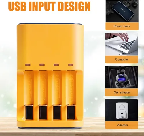 Vista 3 de Cargador de batería AA AAA de 4 bahías, cargador de batería inteligente USB AA AAA para baterías recargables AA AAA NiMH NiCD 1.2V (con 8 pilas AAA)