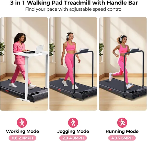 Vista 9 de Walking Pad with Handle Bar, 2026 Upgrade Small Walking Pad Treadmill with Incline, 3.0HP Portable Under Desk Treadmill with Handles for Home Small