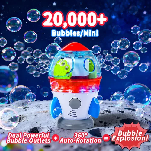Vista 2 de Máquina de burbujas en forma de cohete para niños y mascotas, salidas de burbujas duales potentes, rotación automática de 360°, luces LED ajustables