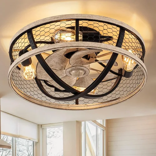 WWM 20'' Flush Mount Caged Ceiling Fan with Light, Low Profile Farmhouse Ceiling Fans with Remote, 3 Speeds,Reversible Motor Fan for Small Space,Fan