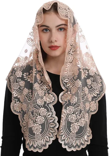 Vista 2 de Bozidol Velo de malta de capilla católica triangular bordado de camelia bufanda de misa latina velo de encaje de iglesia con caja de regalo