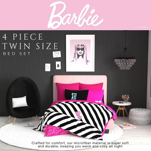 Vista 4 de Franco - Collectibles - Ropa de cama de Barbie 1959 - Juego de 4 piezas con edredón reversible y sábanas supersuaves - Individual