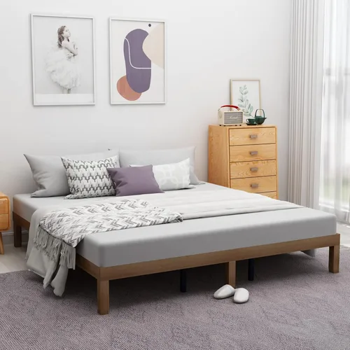 Vista 6 de HomSof Cama de plataforma de madera maciza tamaño King, no necesita somier, soporte de listones de madera fuerte, fácil montaje