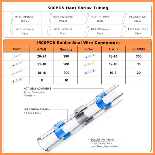 Vista 7 de Kit definitivo todo en uno de conectores de alambre de sellado con soldadura termorretráctil – pelacables, pistola de calor, Kuject 2000PCS