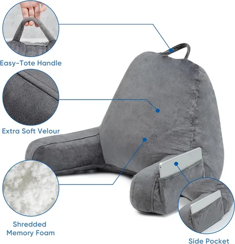 Vista 5 de Almohada de lectura para sentarse en la cama, tamaño adulto con brazos y bolsillo lateral, almohadas de apoyo para la espalda para sentarse
