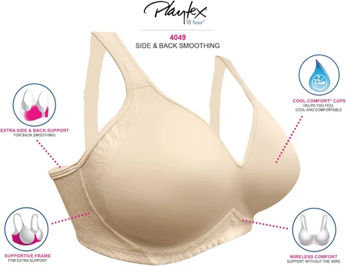 Vista 6 de Playtex womens 18 Hour Side & Back Smoothing Wireless Bra, Cool Comfort Wire-Free Bra, Single Or 2-Pack