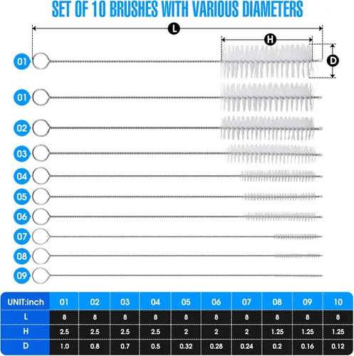 Vista 7 de Juego de 10 cepillos de limpieza para pajitas de acero inoxidable, cerdas de nailon duraderas, varios tamaños para popotes reutilizables, tazas