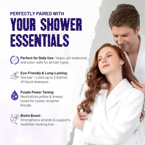 Vista 4 de Herbishh Paquete de 5 barras de champú morado para cabello rubio con biotina, barra sólida para neutralizar los tonos cobrizos, fortalecer y agregar